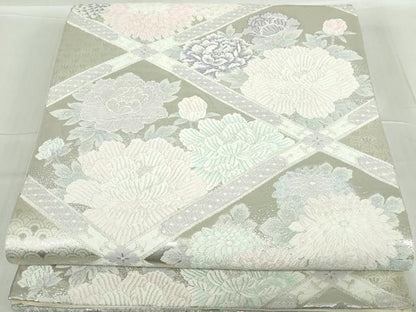 平和屋着物◎六通柄袋帯 唐織 天井花丸文 銀糸 正絹 逸品 DABA3509qa
