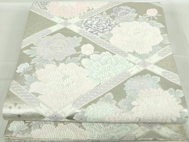 平和屋着物◎六通柄袋帯 唐織 天井花丸文 銀糸 正絹 逸品 DABA3509qa