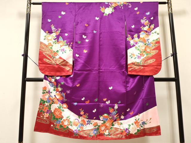 平和屋着物[]七五三　女の子　７歳　祝着　四つ身　鴛鴦花蝶文　金彩　未使用　DABA3522ma