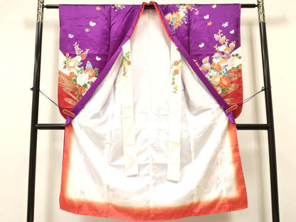 平和屋着物[]七五三　女の子　７歳　祝着　四つ身　鴛鴦花蝶文　金彩　未使用　DABA3522ma