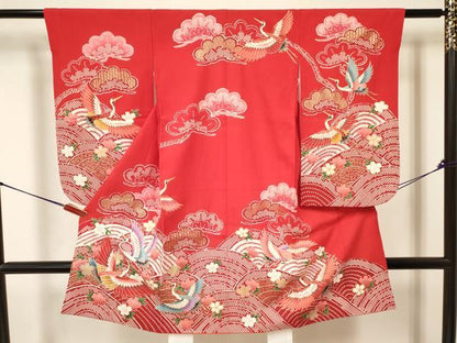 平和屋着物[]七五三　女の子　３歳　祝着　三つ身　舞桜　飛鶴松文　金彩　逸品　DABA3524ma
