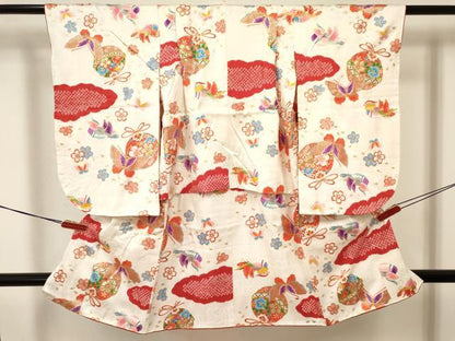 平和屋着物[]七五三　女の子　３歳　祝着　三つ身　絞り　舞蝶鴛鴦鞠花文　金彩　逸品　DABA3526ma