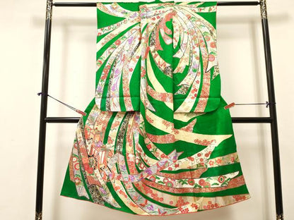 平和屋着物[]七五三　女の子　７歳　祝着　四つ身　駒刺繍　束ね熨斗御所車鳳凰花文　金銀彩　逸品　DABA3528ma