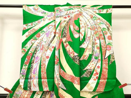 平和屋着物[]七五三　女の子　７歳　祝着　四つ身　駒刺繍　束ね熨斗御所車鳳凰花文　金銀彩　逸品　DABA3528ma