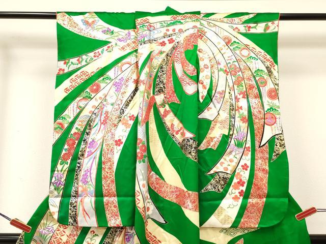平和屋着物[]七五三　女の子　７歳　祝着　四つ身　駒刺繍　束ね熨斗御所車鳳凰花文　金銀彩　逸品　DABA3528ma