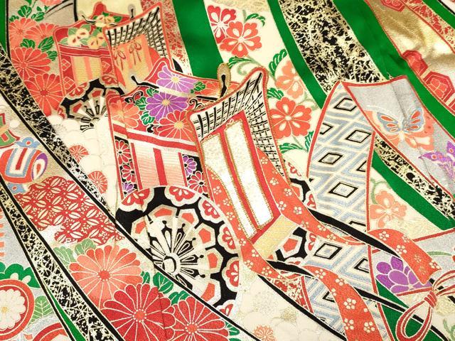平和屋着物[]七五三　女の子　７歳　祝着　四つ身　駒刺繍　束ね熨斗御所車鳳凰花文　金銀彩　逸品　DABA3528ma