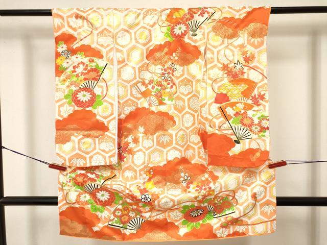 平和屋着物[]七五三　女の子　３歳　祝着　三つ身　襦袢付き　駒刺繍　扇面花文　金彩　逸品　DABA3530ma