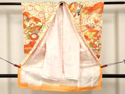 平和屋着物[]七五三　女の子　３歳　祝着　三つ身　襦袢付き　駒刺繍　扇面花文　金彩　逸品　DABA3530ma