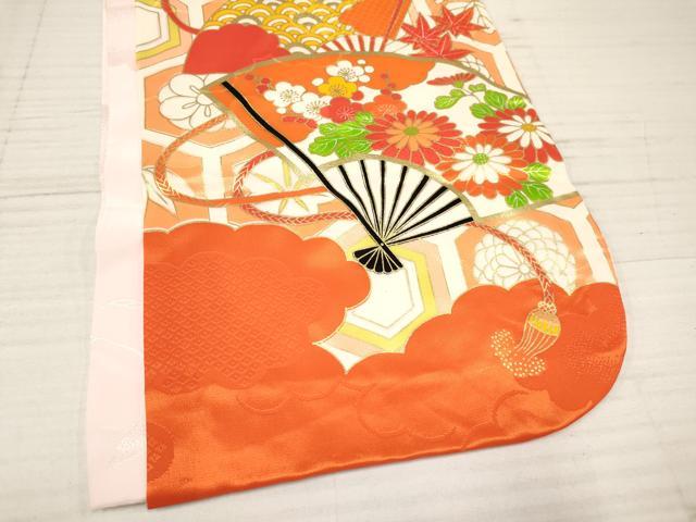 平和屋着物[]七五三　女の子　３歳　祝着　三つ身　襦袢付き　駒刺繍　扇面花文　金彩　逸品　DABA3530ma