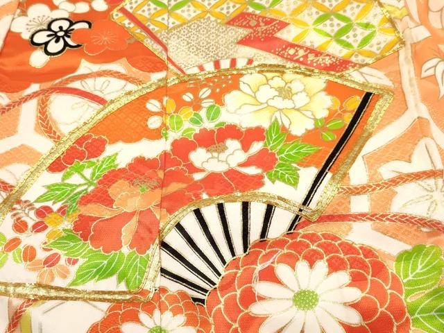 平和屋着物[]七五三　女の子　３歳　祝着　三つ身　襦袢付き　駒刺繍　扇面花文　金彩　逸品　DABA3530ma