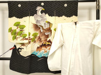 平和屋着物[]七五三　男の子　祝着・長襦袢(袷)セット　刺繍　鷹　鷲　立波松文　金彩　洗える着物　DABA3536ma