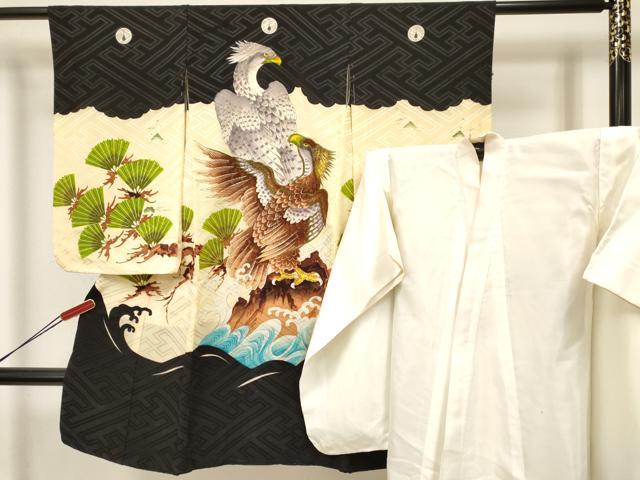 平和屋着物[]七五三 男の子 祝着・長襦袢(袷)セット 刺繍 鷹 鷲 立波松文 金彩 洗える着物 DABA3536ma