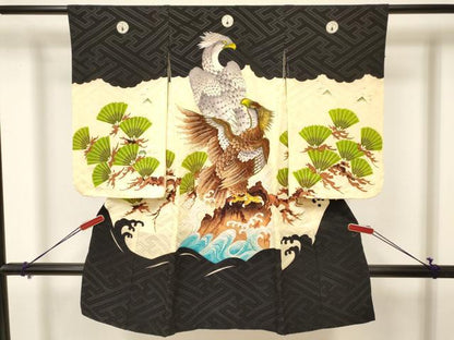 平和屋着物[]七五三　男の子　祝着・長襦袢(袷)セット　刺繍　鷹　鷲　立波松文　金彩　洗える着物　DABA3536ma