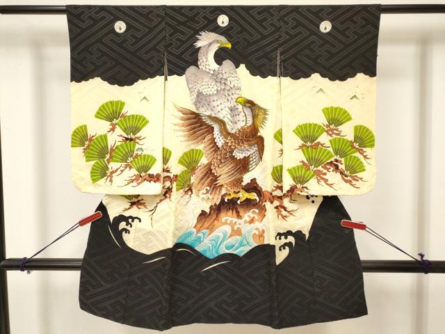 平和屋着物[]七五三　男の子　祝着・長襦袢(袷)セット　刺繍　鷹　鷲　立波松文　金彩　洗える着物　DABA3536ma