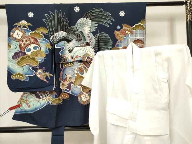平和屋着物[]七五三　男の子　祝着・長襦袢(袷)セット　鷹　鷲　打ち出の小槌　笹松文　暈し染め　金銀彩　逸品　DABA3538ma