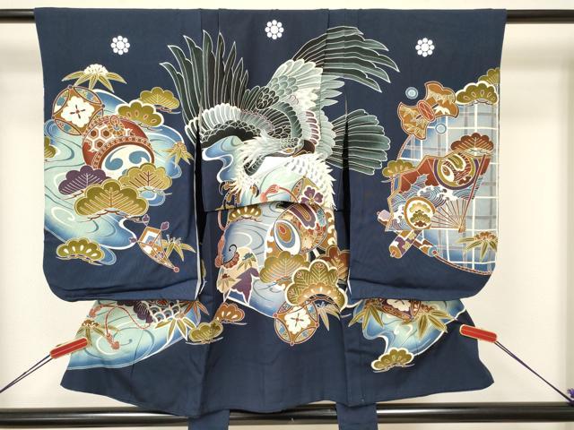 平和屋着物[]七五三　男の子　祝着・長襦袢(袷)セット　鷹　鷲　打ち出の小槌　笹松文　暈し染め　金銀彩　逸品　DABA3538ma
