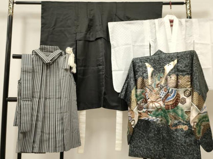 平和屋着物[]七五三　男の子　祝着・羽織・長襦袢(単衣)・行灯袴・小物セット　龍　兜　矢羽松文　暈し染め　金彩　DABA3539ma
