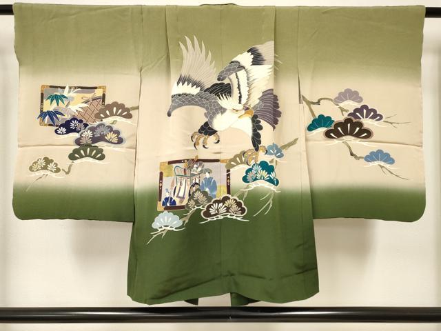 平和屋着物[]七五三　男の子　祝着・羽織・行灯袴・小物セット　鷹　鷲　御所車笹竹松文　暈し染め　金彩　逸品　DABA3540ma