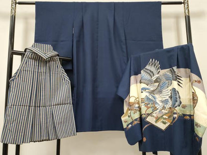 平和屋着物[]七五三　男の子　祝着・羽織・行灯袴セット　鷹　鷲　絵巻風景花文　金彩　DABA3541ea