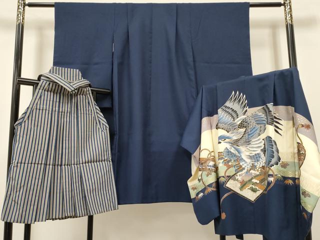 平和屋着物[]七五三　男の子　祝着・羽織・行灯袴セット　鷹　鷲　絵巻風景花文　金彩　DABA3541ea