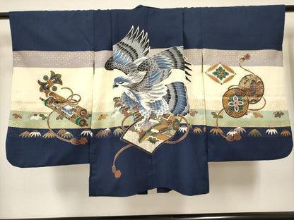 平和屋着物[]七五三　男の子　祝着・羽織・行灯袴セット　鷹　鷲　絵巻風景花文　金彩　DABA3541ea