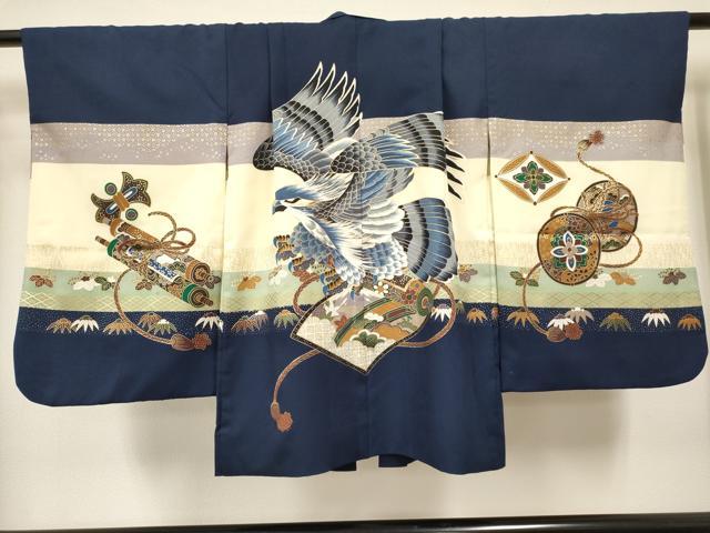 平和屋着物[]七五三　男の子　祝着・羽織・行灯袴セット　鷹　鷲　絵巻風景花文　金彩　DABA3541ea