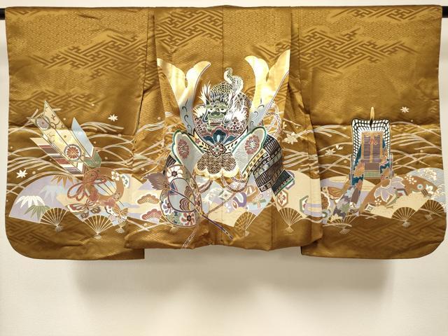 平和屋着物[]七五三　男の子　祝着・羽織・長襦袢(単衣)・行灯袴セット　龍　兜　扇面吉祥文　金銀彩　DABA3542ma