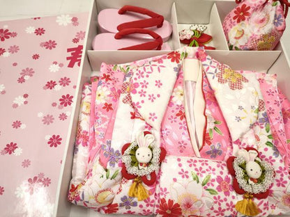 平和屋着物[]七五三　女の子　３歳　祝着　三つ身　長襦袢(単衣)・被布・小物セット　雪輪花文　金彩　箱付き　洗える着物　DABA3546ma