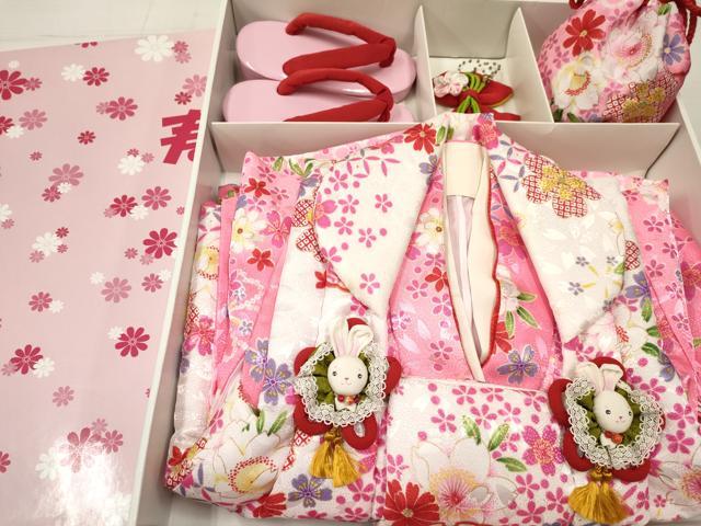 平和屋着物[]七五三　女の子　３歳　祝着　三つ身　長襦袢(単衣)・被布・小物セット　雪輪花文　金彩　箱付き　洗える着物　DABA3546ma