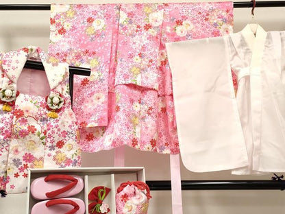 平和屋着物[]七五三　女の子　３歳　祝着　三つ身　長襦袢(単衣)・被布・小物セット　雪輪花文　金彩　箱付き　洗える着物　DABA3546ma