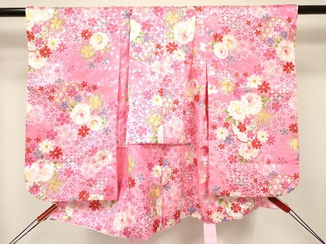 平和屋着物[]七五三　女の子　３歳　祝着　三つ身　長襦袢(単衣)・被布・小物セット　雪輪花文　金彩　箱付き　洗える着物　DABA3546ma