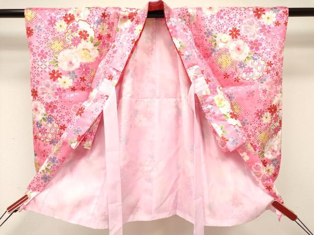 平和屋着物[]七五三　女の子　３歳　祝着　三つ身　長襦袢(単衣)・被布・小物セット　雪輪花文　金彩　箱付き　洗える着物　DABA3546ma