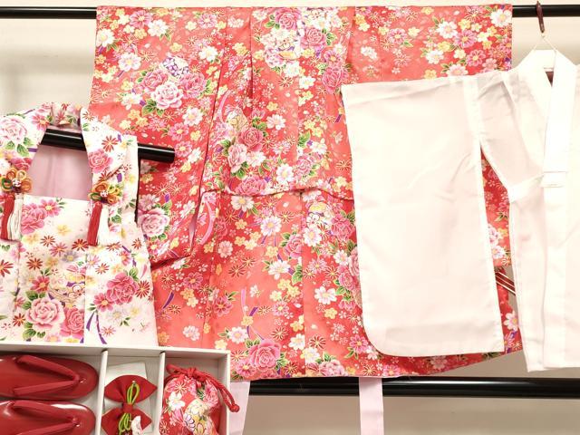 平和屋着物[]七五三　女の子　３歳　祝着　三つ身　長襦袢(単衣)・被布・小物セット　鞠花文　暈し染　金彩　箱付　洗える着物　DABA3547ma