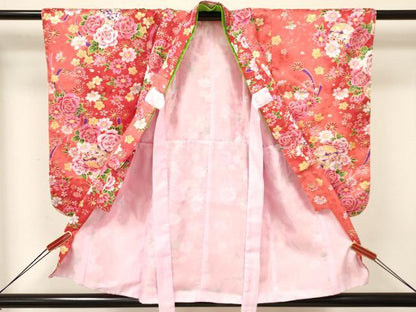 平和屋着物[]七五三　女の子　３歳　祝着　三つ身　長襦袢(単衣)・被布・小物セット　鞠花文　暈し染　金彩　箱付　洗える着物　DABA3547ma
