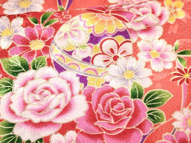 平和屋着物[]七五三　女の子　３歳　祝着　三つ身　長襦袢(単衣)・被布・小物セット　鞠花文　暈し染　金彩　箱付　洗える着物　DABA3547ma