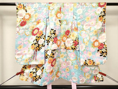 平和屋着物[]七五三　女の子　３歳　祝着　三つ身　長襦袢(単衣)・被布・小物セット　舞桜花文　金彩　箱付　洗える着物　DABA3548ma