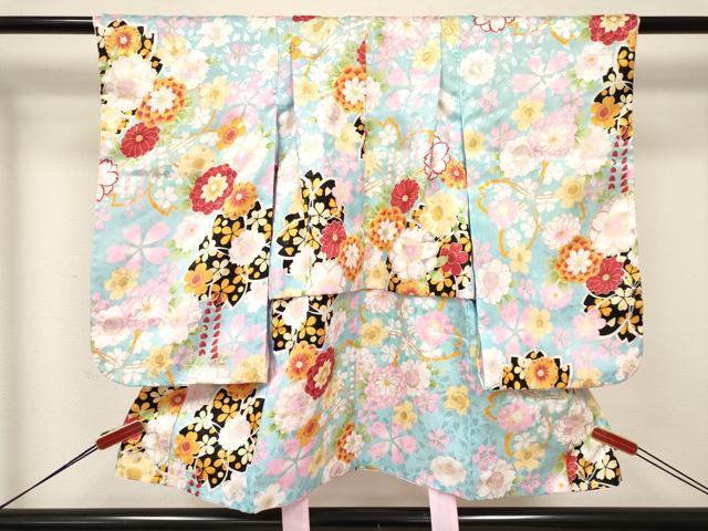 平和屋着物[]七五三 女の子 ３歳 祝着 三つ身 長襦袢(単衣)・被布・小物セット 舞桜花文 金彩 箱付 洗える着物 DABA3548ma