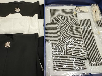 平和屋着物[]七五三　男の子　黒紋付・羽織・長襦袢(単衣)・行灯袴・小物セット　箱付き　DABA3554ma
