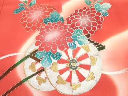 平和屋着物[]七五三　女の子　３歳　祝着　三つ身　長襦袢(袷・半衿刺繍)セット　文箱　花車文　暈し染め　金銀彩　逸品　DABA3560ma