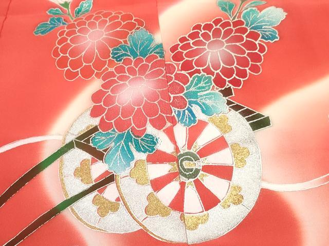 平和屋着物[]七五三　女の子　３歳　祝着　三つ身　長襦袢(袷・半衿刺繍)セット　文箱　花車文　暈し染め　金銀彩　逸品　DABA3560ma