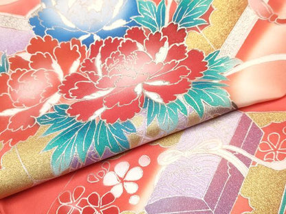 平和屋着物[]七五三　女の子　３歳　祝着　三つ身　長襦袢(袷・半衿刺繍)セット　文箱　花車文　暈し染め　金銀彩　逸品　DABA3560ma