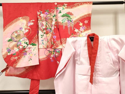 平和屋着物[]七五三　女の子　３歳　祝着　三つ身　長襦袢(袷)セット　鳳凰鼓花蝶文　暈し染め　金彩　逸品　箱付　DABA3562ma