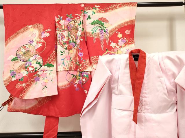 平和屋着物[]七五三　女の子　３歳　祝着　三つ身　長襦袢(袷)セット　鳳凰鼓花蝶文　暈し染め　金彩　逸品　箱付　DABA3562ma
