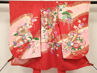 平和屋着物[]七五三　女の子　３歳　祝着　三つ身　長襦袢(袷)セット　鳳凰鼓花蝶文　暈し染め　金彩　逸品　箱付　DABA3562ma