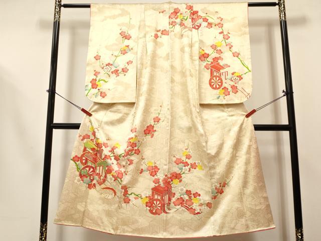 平和屋着物[]七五三　女の子　７歳　祝着　四つ身　長襦袢(袷・半衿刺繍)セット　駒刺繍　御所車枝梅文　金銀彩　逸品　DABA3563ma