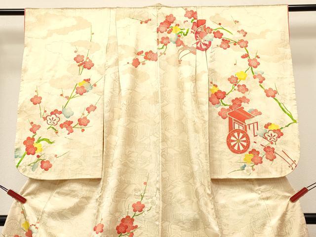 平和屋着物[]七五三　女の子　７歳　祝着　四つ身　長襦袢(袷・半衿刺繍)セット　駒刺繍　御所車枝梅文　金銀彩　逸品　DABA3563ma