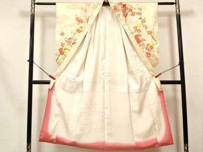 平和屋着物[]七五三　女の子　７歳　祝着　四つ身　長襦袢(袷・半衿刺繍)セット　駒刺繍　御所車枝梅文　金銀彩　逸品　DABA3563ma