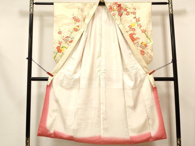 平和屋着物[]七五三　女の子　７歳　祝着　四つ身　長襦袢(袷・半衿刺繍)セット　駒刺繍　御所車枝梅文　金銀彩　逸品　DABA3563ma