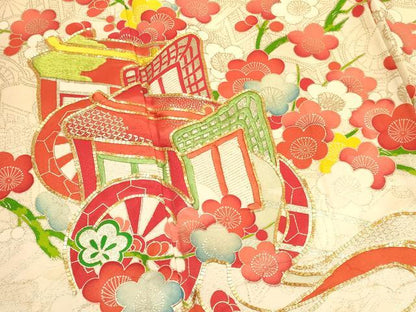 平和屋着物[]七五三　女の子　７歳　祝着　四つ身　長襦袢(袷・半衿刺繍)セット　駒刺繍　御所車枝梅文　金銀彩　逸品　DABA3563ma