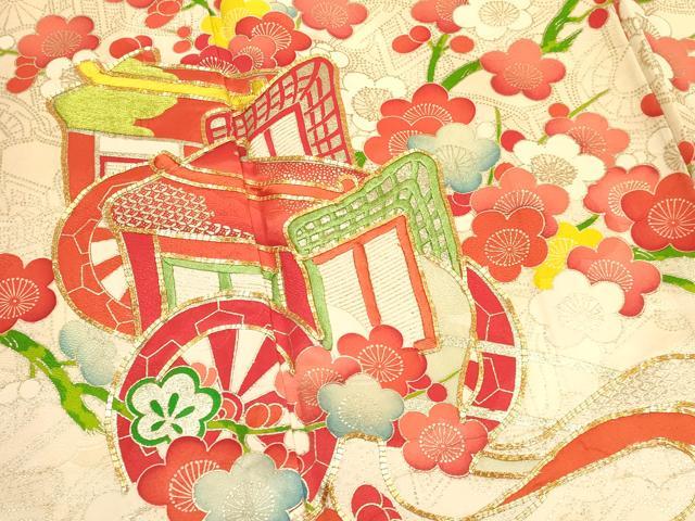 平和屋着物[]七五三　女の子　７歳　祝着　四つ身　長襦袢(袷・半衿刺繍)セット　駒刺繍　御所車枝梅文　金銀彩　逸品　DABA3563ma
